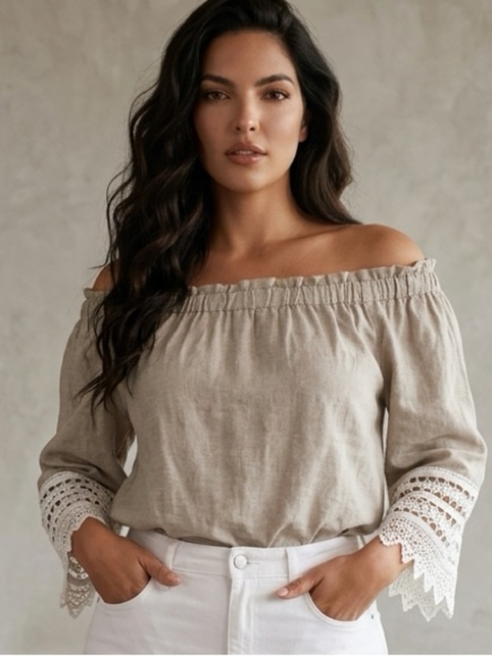 Rafaella Taupe Blouse with Lace Accents Adorable !!! New
